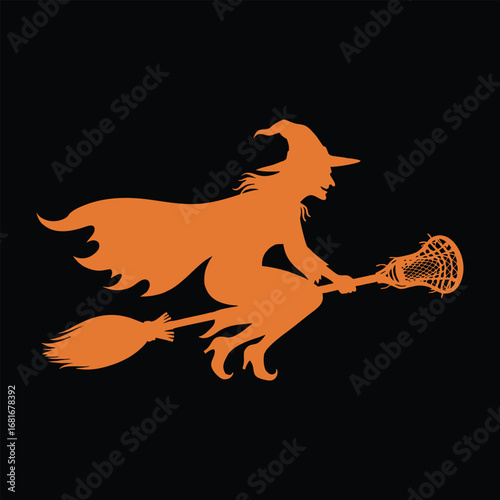 Orange silhouette of a witch flying on a broomstick with a lacrosse stick for halloween