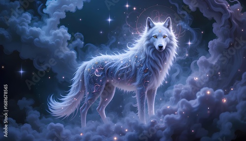 Mythic White Wolf in a Sea of Blue Clouds and Sparkling Stars