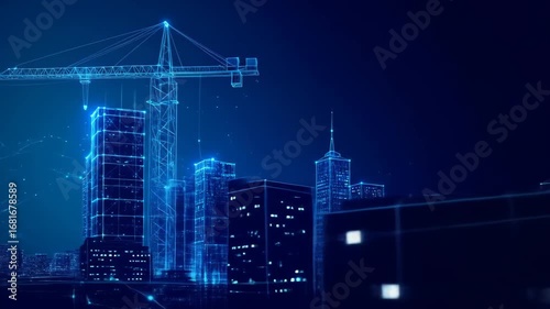Digital Blueprint Cityscape: Construction Crane and Illuminated Buildings in Blue