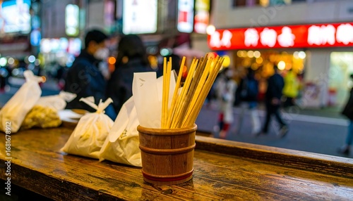 Fototapeta Naklejka Na Ścianę i Meble -  Wooden chopsticks in a small container on a counter with food bags in the background, a blurred city street at night
