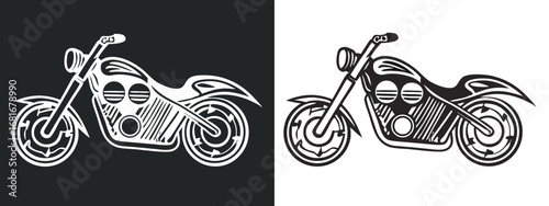 Custom Chopper Motorcycle Vector – Black and White Retro Bike Silhouette Design for T-shirts, Logos, Stickers, and Garage Decor – Vintage Cruiser Illustration with Engine Detail