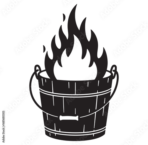 Black and white illustration of a wooden bucket with fire inside burning brightly