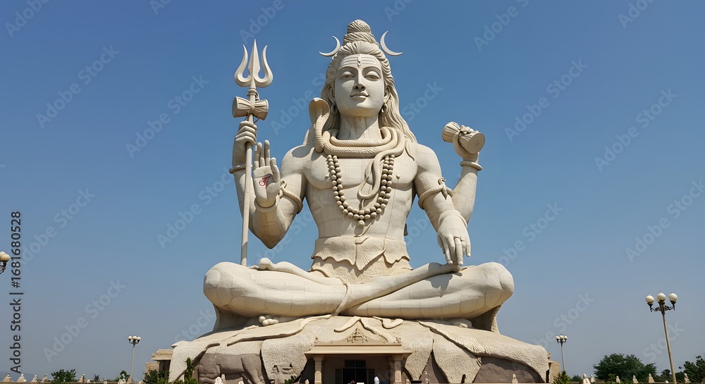 Fototapeta premium Stone Figure Sitting in Lotus Position Under Blue Sky