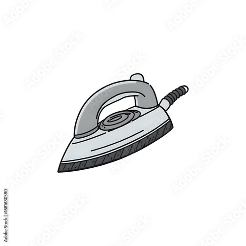 Illustration of a gray and white electric iron with a cord and a control dial on a white background