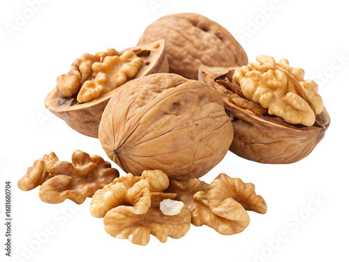 Pile of fresh whole and shelled walnuts on a black background