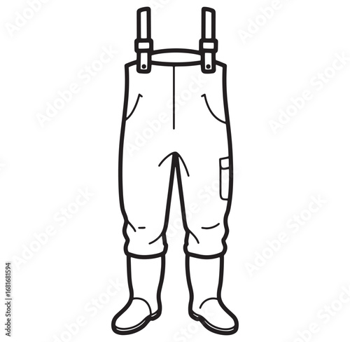 Black and white illustration of waders fishing overalls with rubber boots