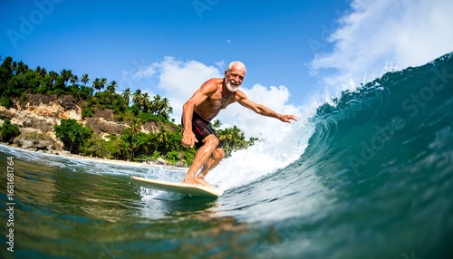 Senior man surfing a wave