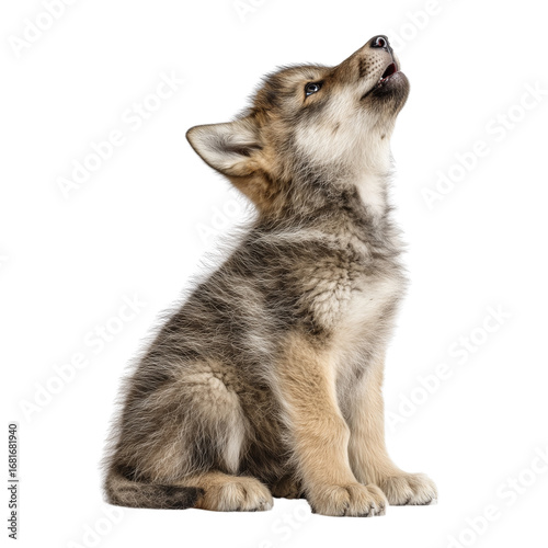 Adorable wolf pup sits and howls towards the sky capturing wilderness spirit