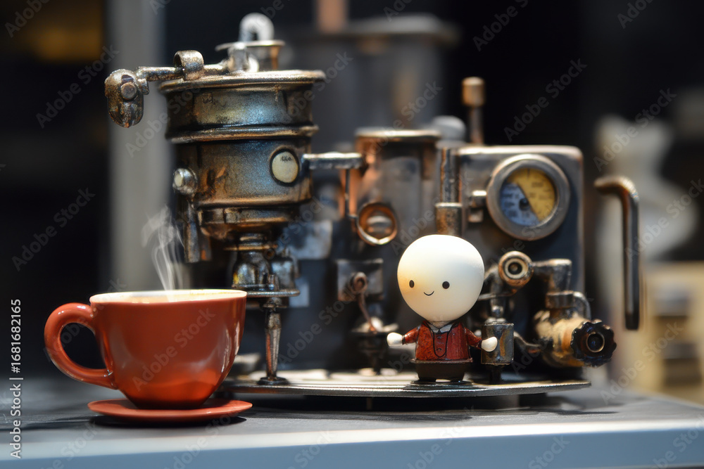 Fototapeta premium Professional coffee machine pouring steaming coffee into cup in cafe