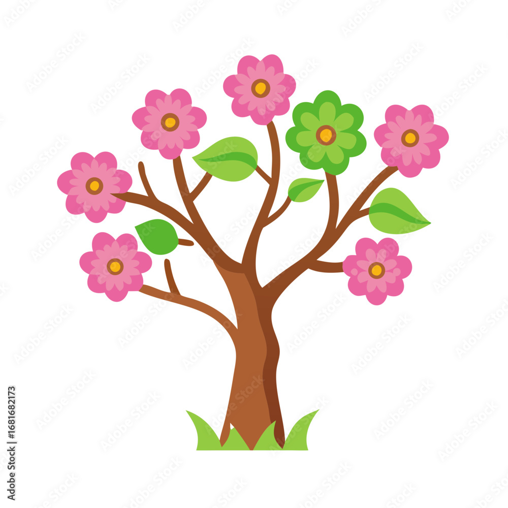 Fototapeta premium Vector art of cartoon tree with pink and green flowers, a cheerful and colorful illustration of spring and natures beauty
