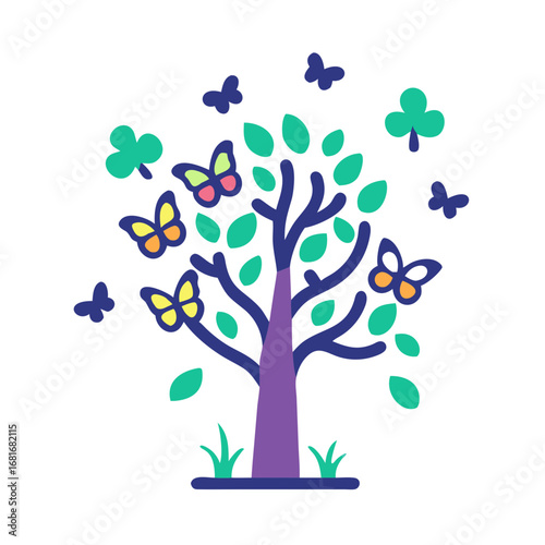 Illustration of a tree surrounded by butterflies and clovers, representing nature, spring, and good luck