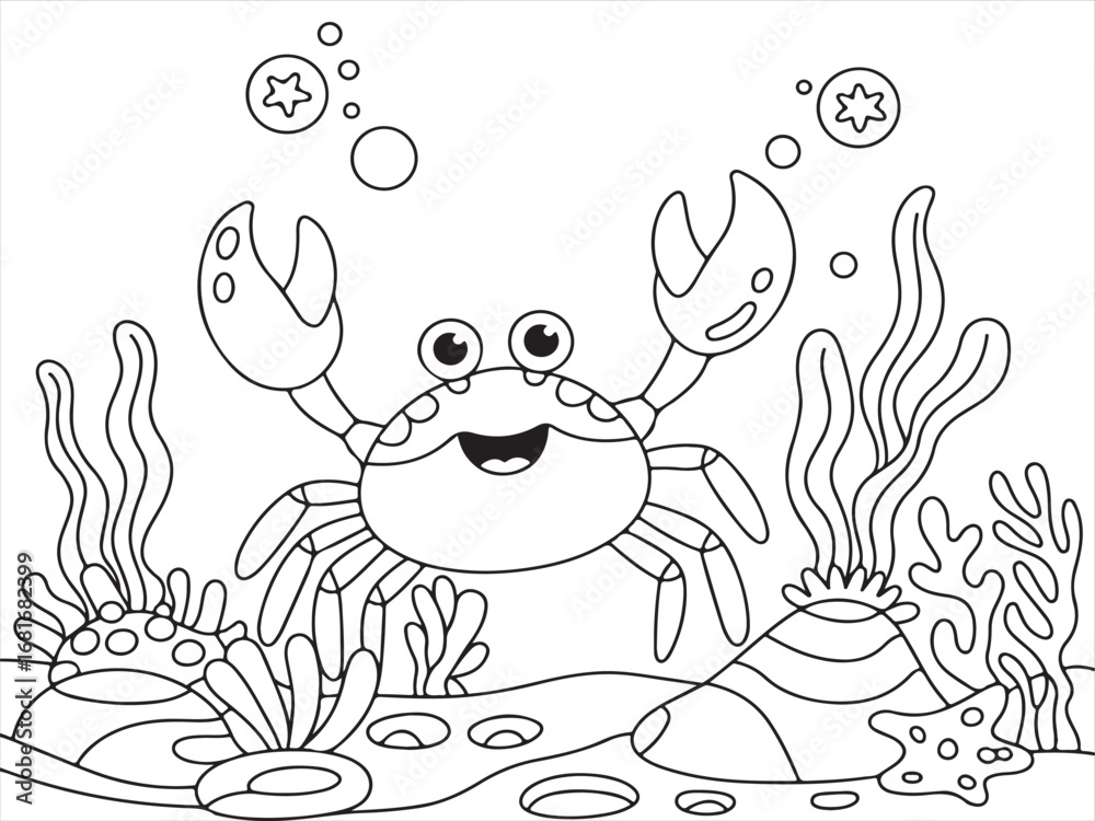Fototapeta premium Playful Cartoon Crab and Fish in Marine Life Line Drawing
