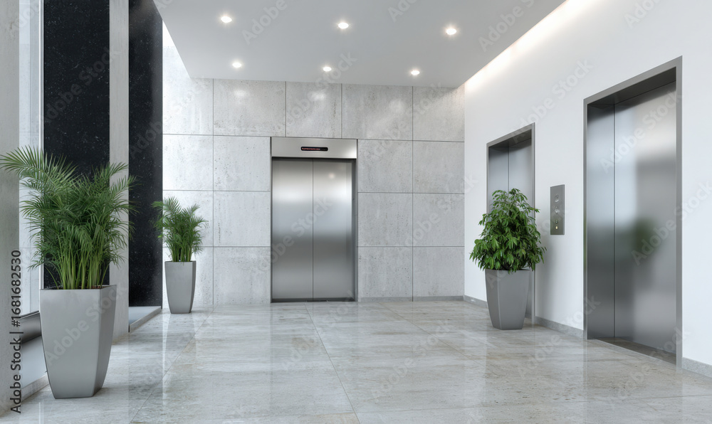 Fototapeta premium Modern building lobby with closed elevator doors, black walls