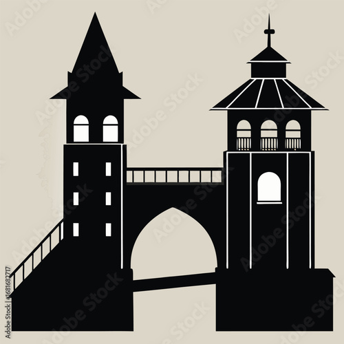 Black silhouette of a castle bridge with two towers and a gate architecture