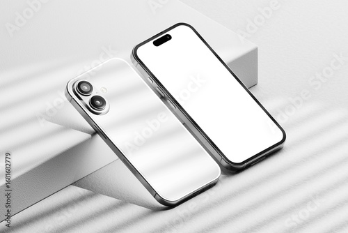 Dual smartphone mockup on a clean minimal background with soft shadows for branding and UI UX presentations.