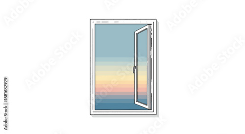 Open window with serene gradient sky, symbolizing mental well-being, hope, new perspectives, and a breath of fresh air.