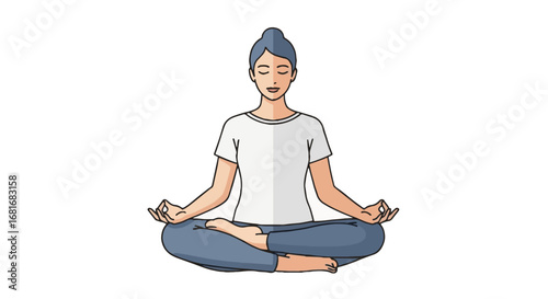 Calm woman meditating in lotus pose, promoting mental health, peace, mindfulness, stress relief, self-care, and wellness illustration.