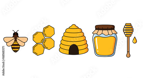 Charming collection of stylized beekeeping icons perfect for honey-themed projects