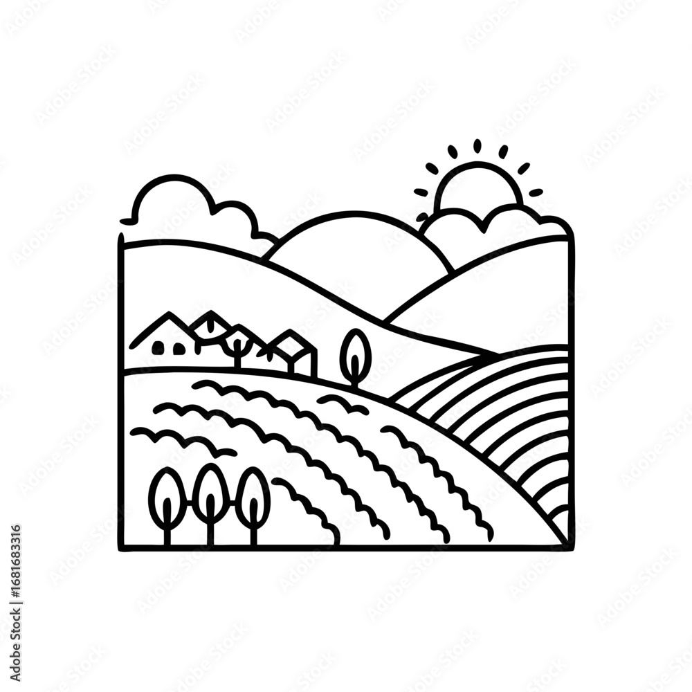 Fototapeta premium Vector art of monochrome outline illustration of a rural landscape with fields, hills, and a village