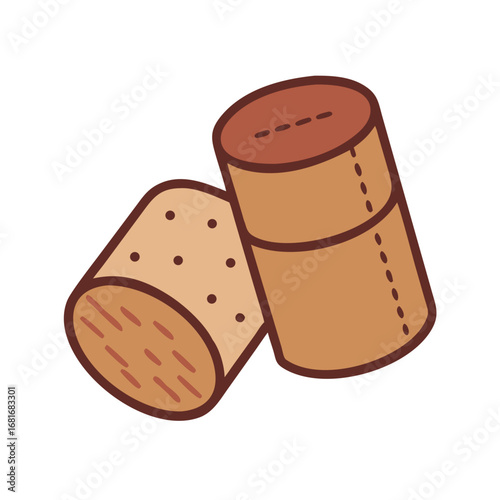 Illustration of two wine corks, stoppers for bottles, , showcasing their texture and shape with a simple design