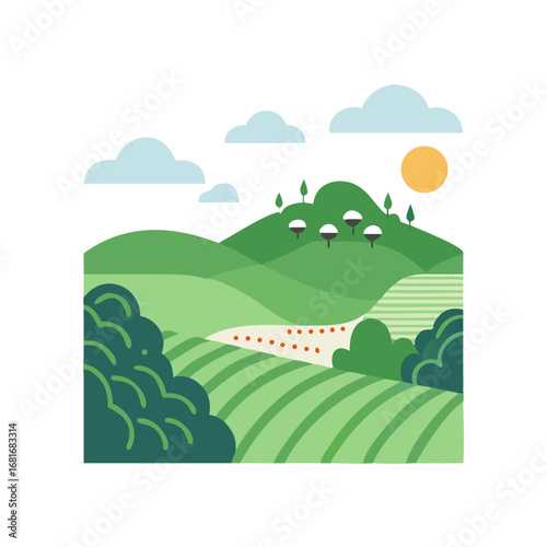 Illustration of a landscape with rolling hills, vineyards, trees, and clouds, , showcasing a serene rural scene