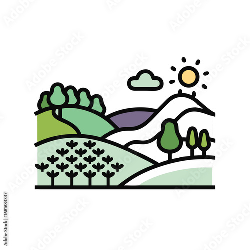 Vector art of colorful flat illustration of a rural landscape with fields, hills, trees, and a sun