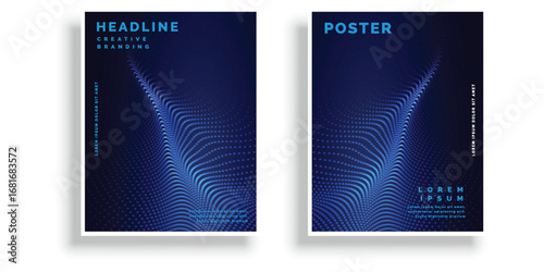 Modern dark blue poster design with abstract glowing light elements and text white background