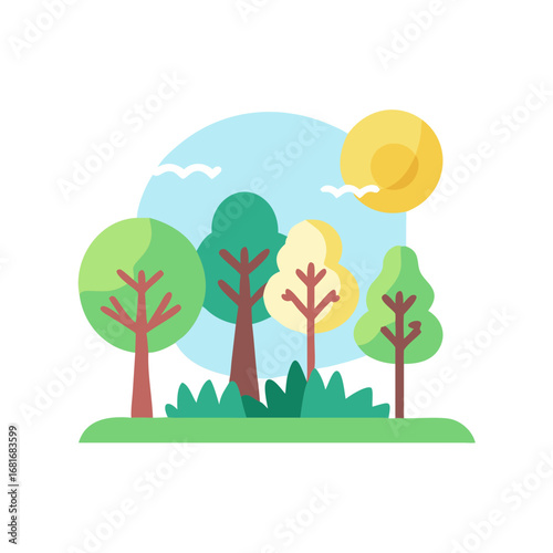 Illustration of a sunny landscape with various trees and a bright sun, creating a cheerful and inviting scene