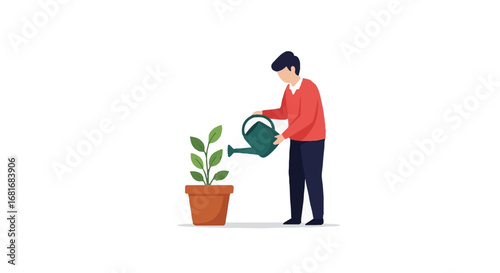 Person watering potted plant, symbolizing self-care, personal growth, mental health awareness, well-being, and positive development concept.