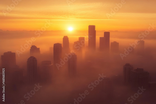 Wallpaper Mural Dramatic and beautiful cityscape: skyscrapers of downtown houston emerging from thick fog at sunrise Torontodigital.ca
