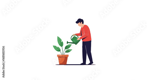 Man watering potted plant, symbolizing self-care, well-being, and growth. Flat illustration for mental health, mindfulness, and nurture.