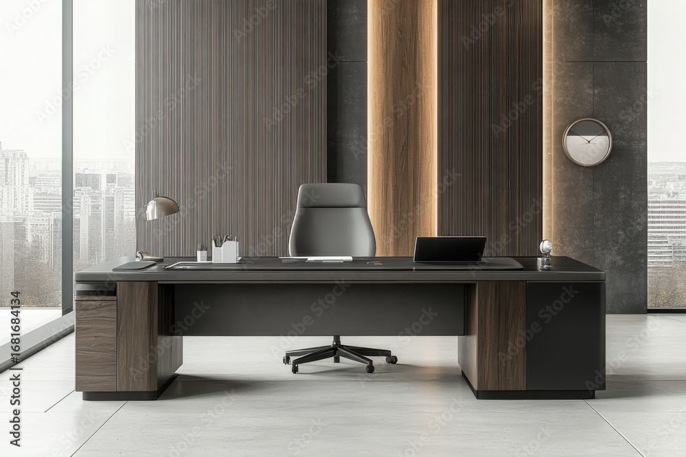 custom made wallpaper toronto digitalModern walnut desk and ergonomic chair in a luxurious workspace with a serene outdoor view