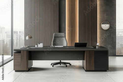 Wallpaper Mural Modern walnut desk and ergonomic chair in a luxurious workspace with a serene outdoor view Torontodigital.ca