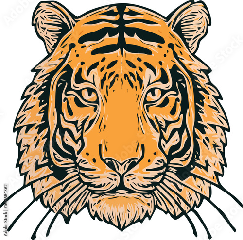 Doodle hand drawn tiger head vector illustration, sketch abstract jungle predator, playful decorative wild cat line art logo design EPS