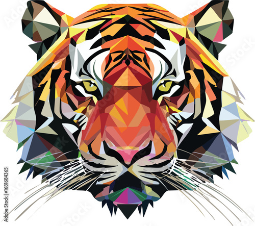 Geometric polygonal tiger head vector illustration, low poly abstract jungle predator, sharp triangle modern wild cat animal logo design EPS