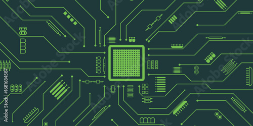 Close-up view of a glowing green central processing unit on a circuit board  background