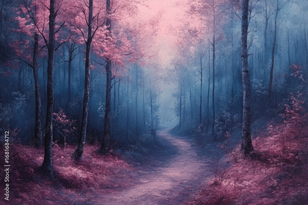 Naklejka premium Magical Forest with Blue and Purple Glowing Backdrop