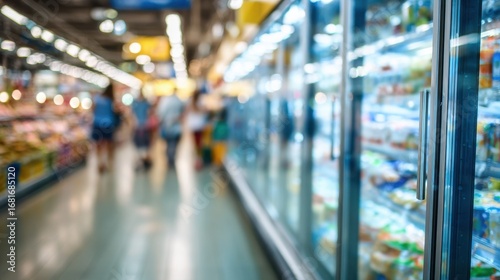 Wallpaper Mural Medium shot capturing a supermarket aisle with a prominent focus on a wide glassdoor refrigeration unit stocked with products soft bokeh on shoppers behind. Torontodigital.ca