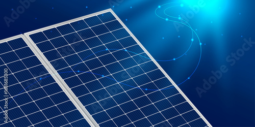Realistic vector illustration of a solar panel with glowing blue background and light effects. Concept of clean energy, future technology, photovoltaic cells, and renewable electricity sources.
