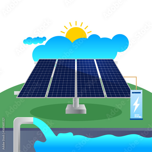 Realistic vector illustration of a solar panel with glowing blue background and light effects. Concept of clean energy, future technology, photovoltaic cells, and renewable electricity sources.
