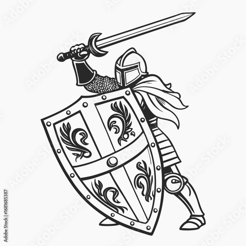 Knight in armor with shield and sword in action pose on white Keywords: knight, medieval, shield, sword