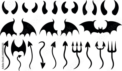 Devilish Elements Horns Wings Arrows and Tridents Silhouette Collection