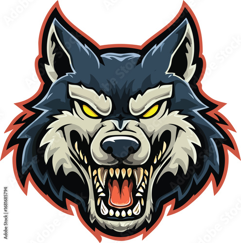 Cartoon wolf mascot vector illustration, esport predator logo design, fun expressive wild animal character, fierce yet playful EPS