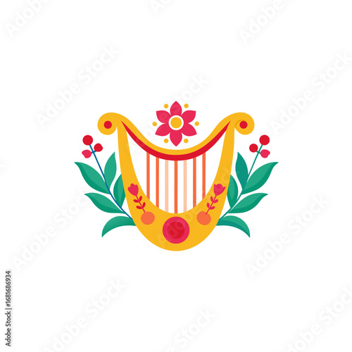 ornamental harp decorated with vibrant floral elem