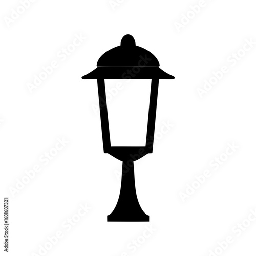Silhouette of a vintage street lamp against a white background design