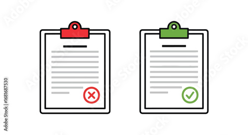 Two clipboards one with a red x stamp one with a green checkmark stamp