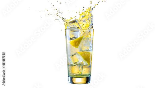 Refreshing yellow cocktail with lemon slices and ice splashing in a tall glass isolated on transparent background