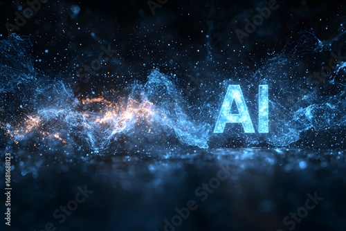 AI Digital Cosmos: AI letters emerge from a mesmerizing galaxy of particles and stardust, conveying advanced technology, science, and future development.