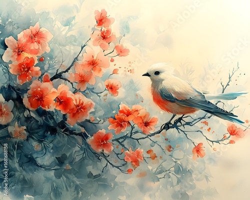 Blossom Bird in Watercolor: A delicate bird perches on a blooming branch of pink flowers in a soft watercolor painting, celebrating the beauty of spring, life, and nature.