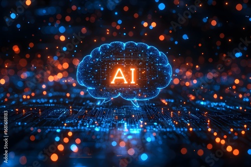 Digital Artificial Intelligence: A digital rendering showcases the intricate network of a brain, aglow with neon AI, representing the cutting edge of artificial intelligence.